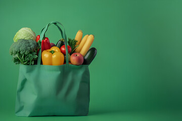 Fresh fruits and vegetables grocery product in green reusable shopping bag isolated on green background