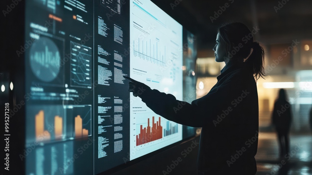 Poster person presenting and evaluating data chart - illustration created with generative ai