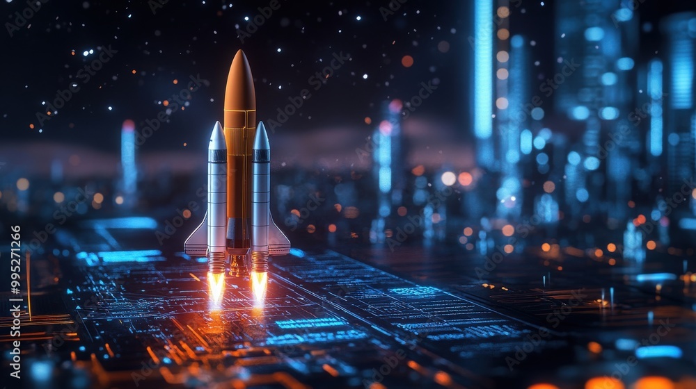 Poster 3d illustration of the technology development process leading to a space rocket launch, symbolizing 