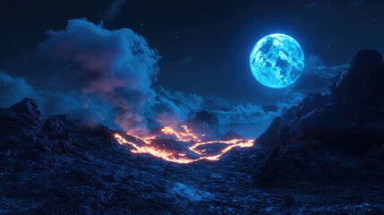 Fototapeta premium Blue lava glowing under a full moon, illuminating the surrounding terrain