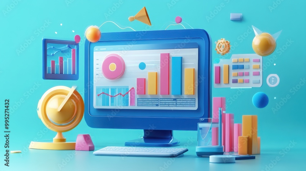Poster 3d illustration of web analytics and seo marketing tools, featuring data visualization, optimization
