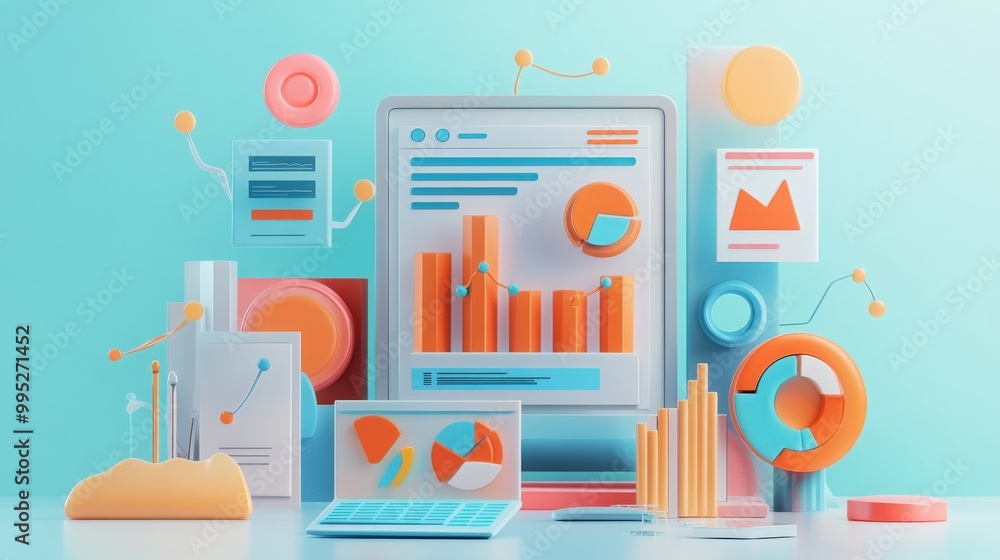 Poster 3d illustration of web analytics and seo marketing tools, featuring data visualization, optimization