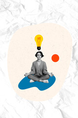 Vertical collage poster young girl sit meditate lightbulb lamp eureka calmness smart solution...