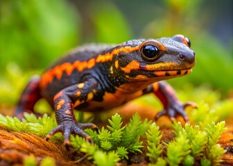 Fototapeta premium In its natural habitat, the vibrant fire belly newt displays mesmerizing patterns and unique traits, perfectly