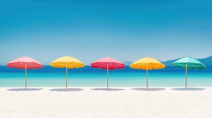Fototapeta premium Colorful beach umbrellas lined up on sandy shore against a clear blue sky.
