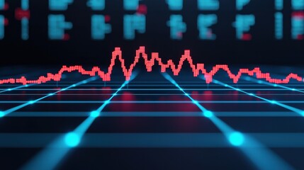 Digital sound wave pattern on grid background, electronic visualization.