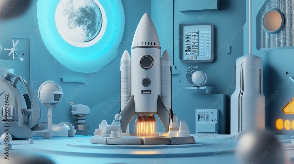 Poster 3d render depicting a new product or service launch with a space rocket and technology development e