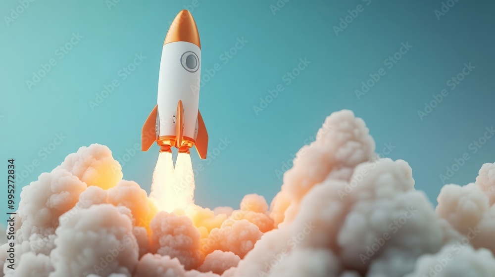 Poster 3d render depicting the launch of a new product or service with a space rocket and technology develo