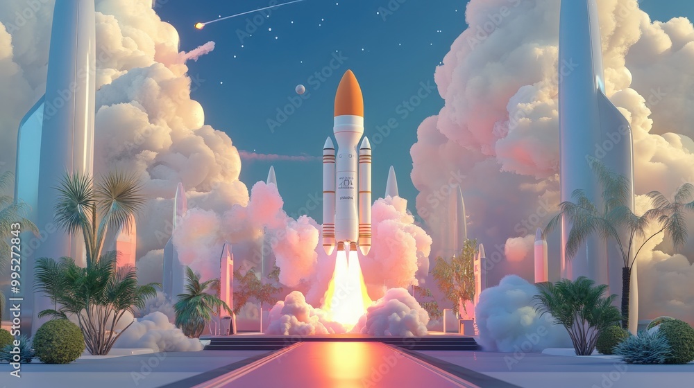 Poster 3d render depicting the launch of a new product or service with a space rocket and technology develo