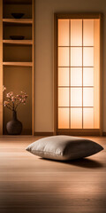 A peaceful room with a floor pillow, minimal decor, and warm lighting creating a serene atmosphere