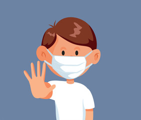 Little Kid Wearing Face Mask Making Stop Gesture Vector Cartoon. Child keeping social distance because of infectious disease 
