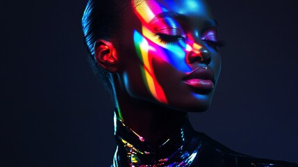 A fashion-forward woman in a sleek outfit, her face illuminated by bright, multicolor reflections, blending elegance and vibrancy