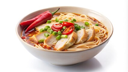 Delicious chicken noodles bowl with sliced chili and sauce isolated on white background