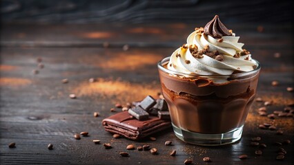 Delicious chocolate dessert with whipped cream and toppings in asymmetrical arrangement