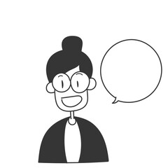 business person with glasses talking in black bubble talk in cartoon doodle drawn style