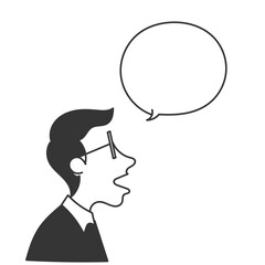business person with glasses talking in black bubble talk in cartoon doodle drawn style