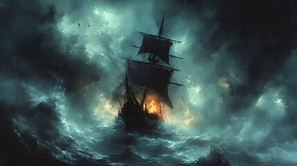 Spectral pirate ship, trapped in a cursed whirlpool, eerie waters, Watercolor style