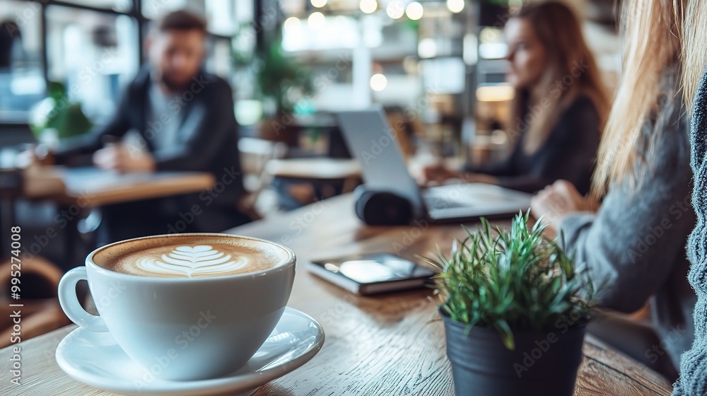 Canvas Prints Cozy Coffee Shop with Laptop and Friends