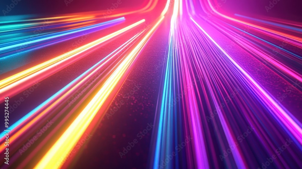 Aufkleber 3d render featuring an abstract background with a colorful spectrum of neon rays and glowing lines, 