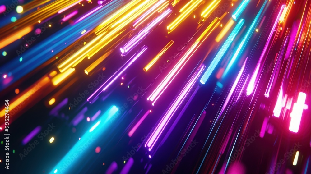 Aufkleber 3d render featuring an abstract background with a colorful spectrum of neon rays and glowing lines, 