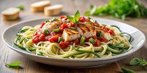 Delicious zucchini noodles with marinara sauce, grilled chicken, and Parmesan cheese on a plate