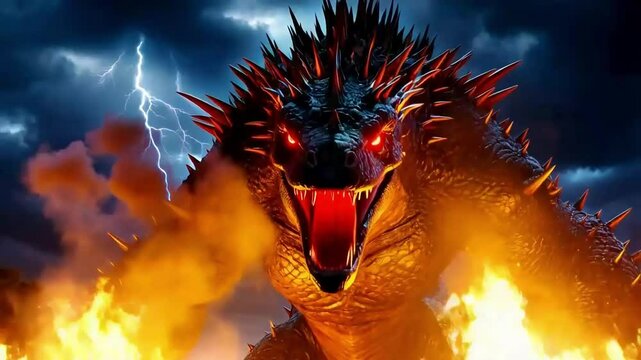 Fierce Monster Roars Amidst Lightning and Fire in a Stormy Night