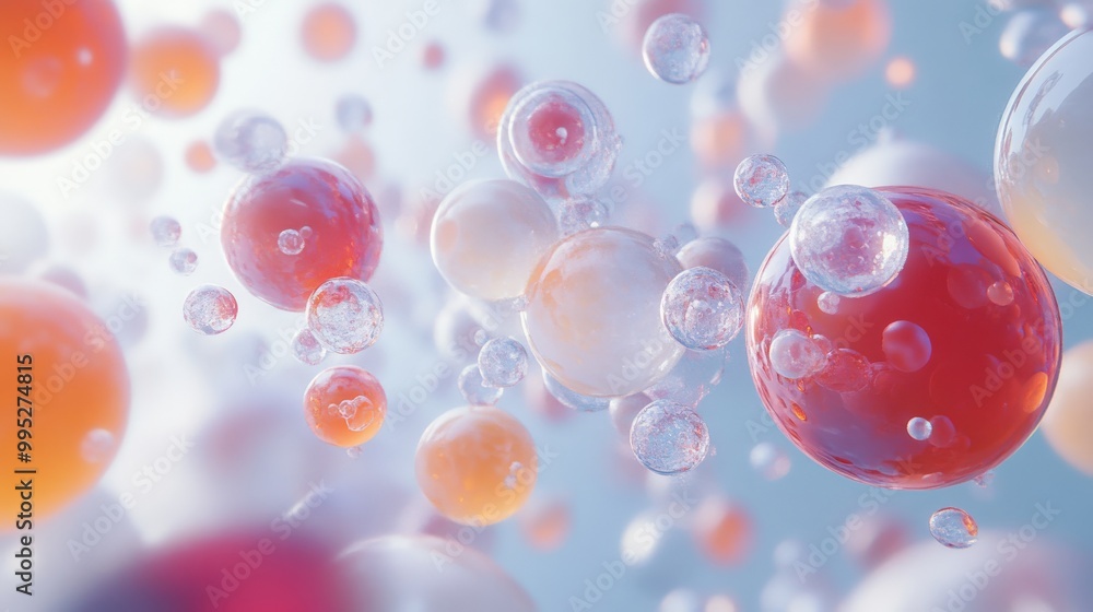 Poster 3d render featuring interconnected abstract spheres, with a mix of transparent and opaque surfaces c