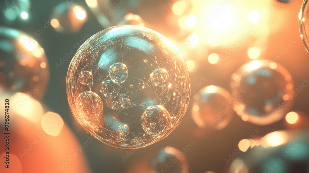 Poster 3d render featuring interconnected abstract spheres, with a mix of transparent and opaque surfaces c
