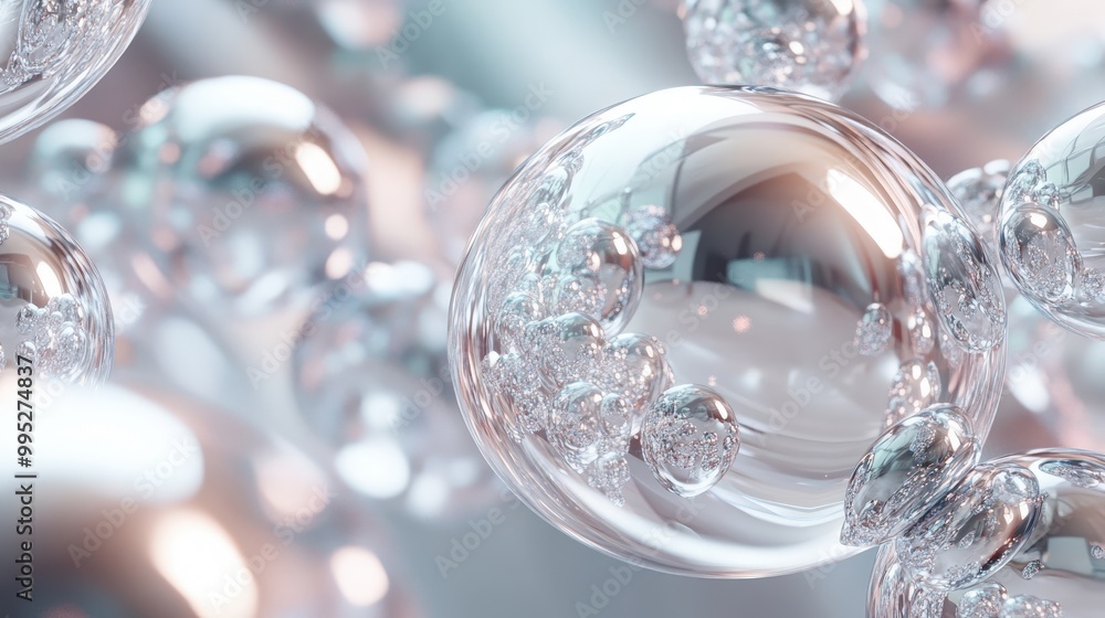 Poster 3d render featuring interconnected abstract spheres, with a mix of transparent and opaque surfaces c