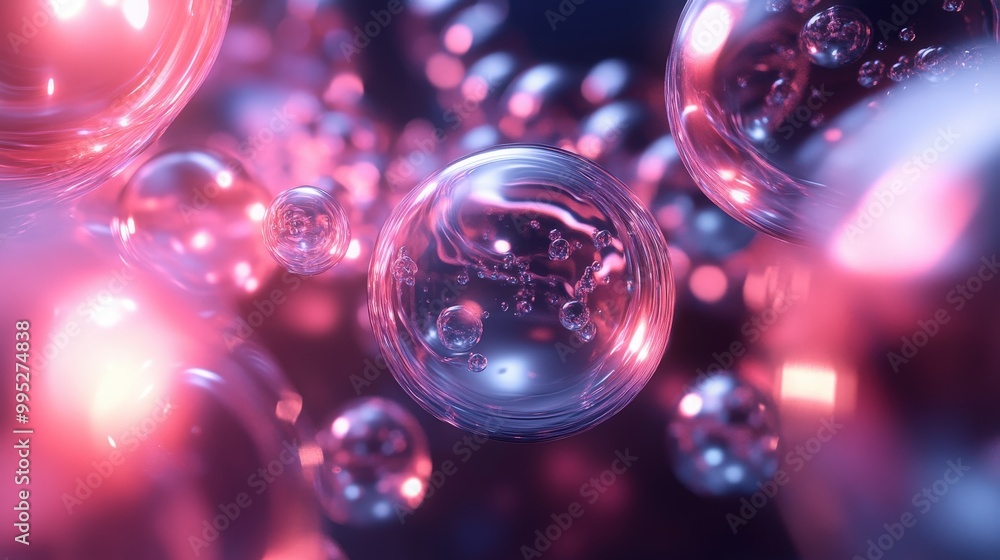 Poster 3d render featuring interconnected abstract spheres, with a mix of transparent and opaque surfaces c