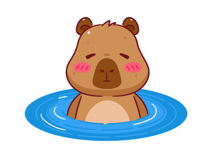 Cute Capybara swimming Cartoon Vector. Adorable and Kawaii Animal Concept Design. Hand drawn style. Icon Mascot Logo Illustration. Isolated White Background.