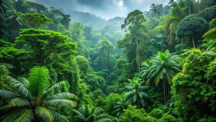 Dense tropical rainforest in the rainy season with heavy rainfall and lush greenery