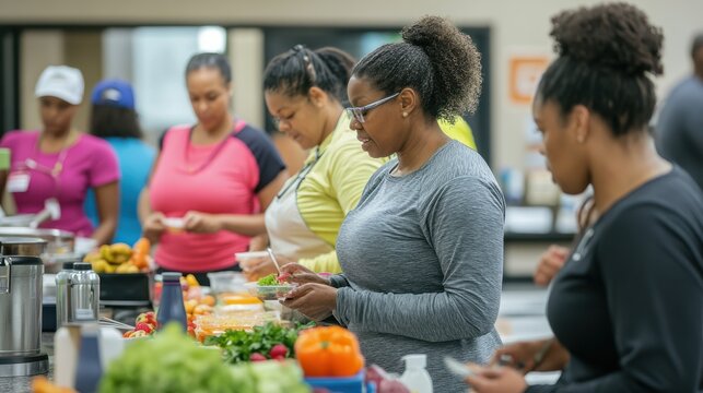 A community health fair and wellness event with participants engaging in various activities, including exercise classes, screenings, and healthy cooking demonstrations.