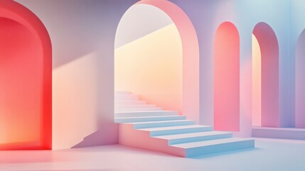 3D render illustration of a modern geometric interior with an arch and stairs, featuring gradient pastel colors and an abstract composition