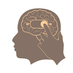 Toggle switch button to turn on brain activity. Active mental, intellectual and thinking. Silhouette of head. Artificial intelligence and machine learning concept. Hand push button