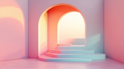 3D render illustration of a modern geometric interior with an arch and stairs, featuring gradient pastel colors and an abstract composition