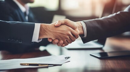  businessman in his 30s, dressed in a sharp suit, shaking hands with a client across the table in a modern office setting