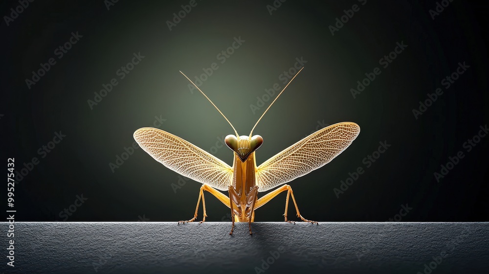 Poster captivating close-up of a mantis showcasing intricate details. the dramatic lighting highlights its 