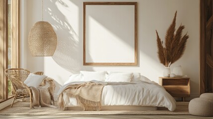 3D render of a blank mockup frame in a cozy coastal boho bedroom with earthy tones and handwoven accessories