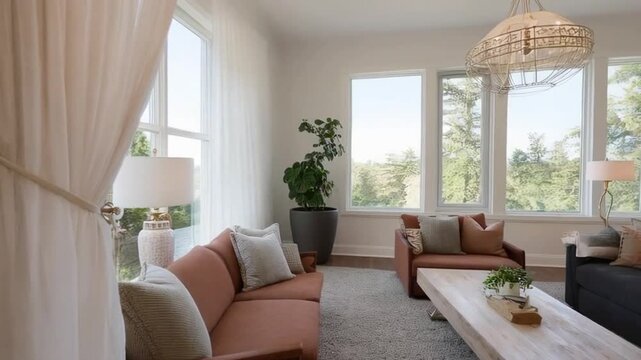 What unique features make this modern living room stand out