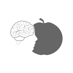 An apple with face profile view. Optical illusion. Human head make silhouette of fruit. Half eaten apple. Mental health and nutrition