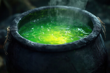 Fototapeta premium A bubbling cauldron filled with vibrant green liquid, surrounded by swirling steam, evokes a mystical, enchanting atmosphere.
