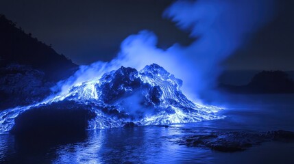 Naklejka premium Ethereal blue lava lighting up the surroundings during a nighttime eruption