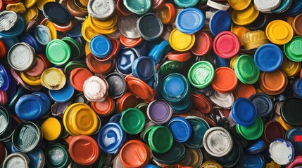 a pile of colorful plastic bottle caps and bottles