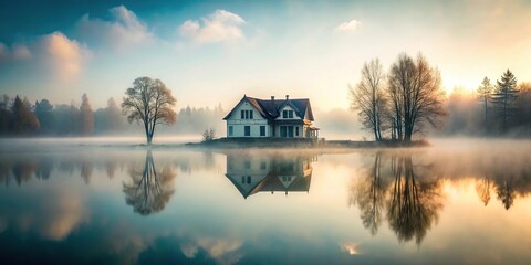 Fototapeta premium Description: Serene misty morning with a mysterious house emerging from the fog