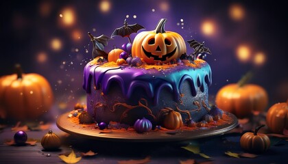 A vibrant Halloween cake, decorated with a pumpkin, purple frosting, and spooky elements, set against a dreamy background of glowing lights.