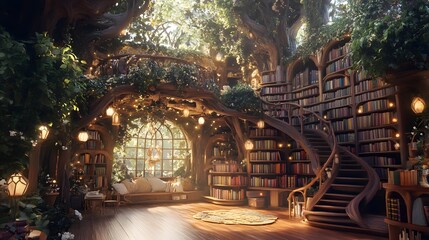 68. A magical fairy tale library with floating books and enchanted decor