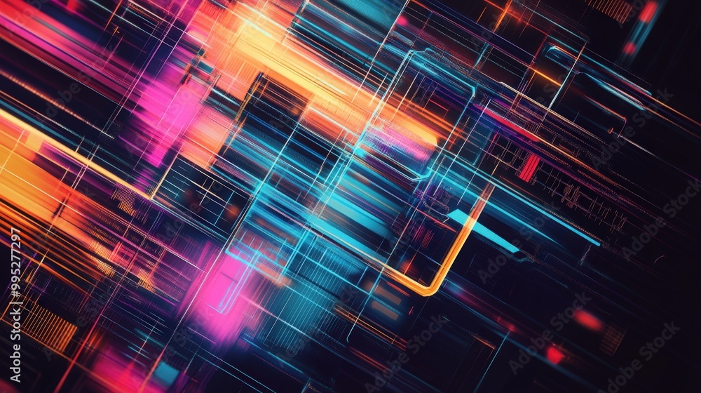 Poster abstract design with vibrant light technology patterns and geometric shapes, emphasizing innovation 