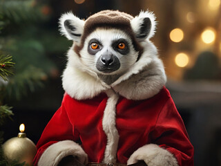 Fototapeta premium Stately animal lemur in red santa claus costume for christmas AI generated