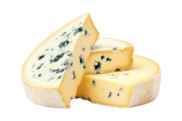 Assorted blue cheese wedges stacked isolated on a white transparent background. The cheese has blue mold veins. Concept of gourmet dairy product